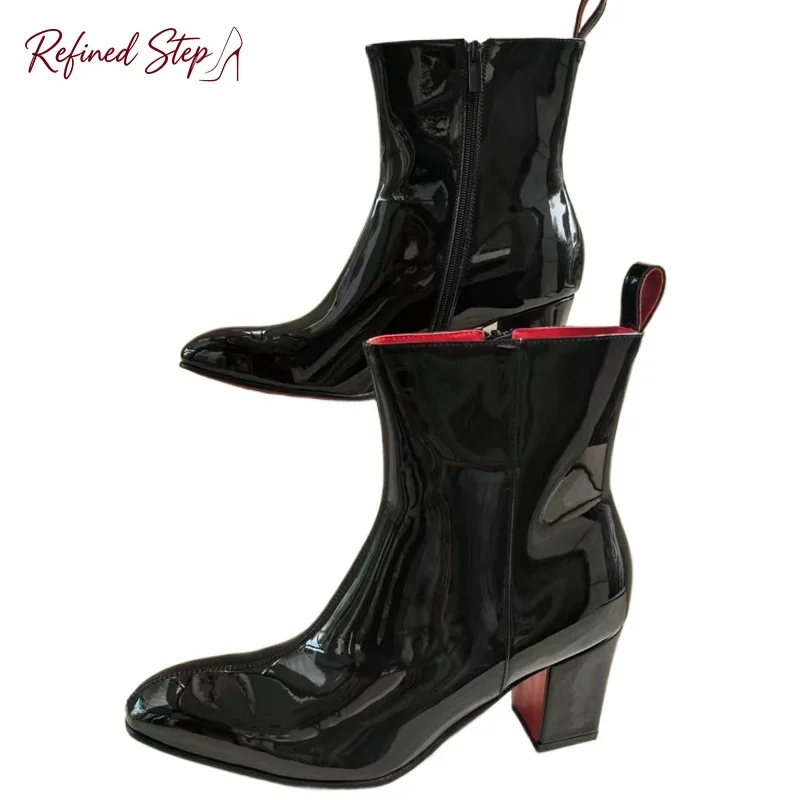 Men's Black Patent Leather Boots Luxury High Heel Boots Men Dress Shoes Breathable Pointed Toe Ankle Boots Autumn Mens Shoes