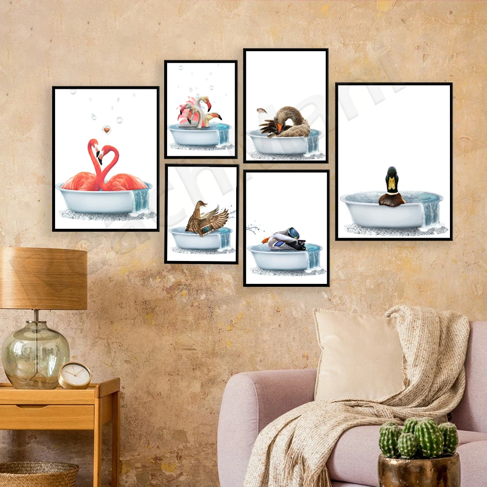 Ducks and goose splashing bathtubs, green cassava and hens, tropical birds, wild duck nursery rhymes poster animal bathroom