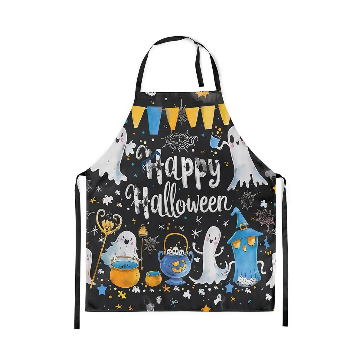 

Happy Halloween Kitchen Apron Watercolor Cartoon Cute Ghosts Waterproof Apron for Adults Blue White Stars Spider Apron