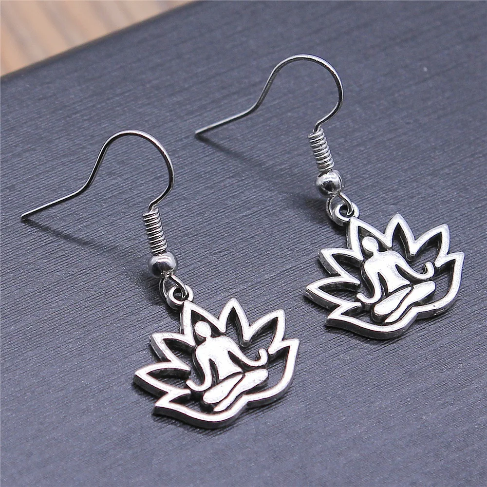 Fashion Handmade Simple Design Antique Silver Color Lotus Buddha Statue Pendant Earrings Women Vintage Drop Earrings