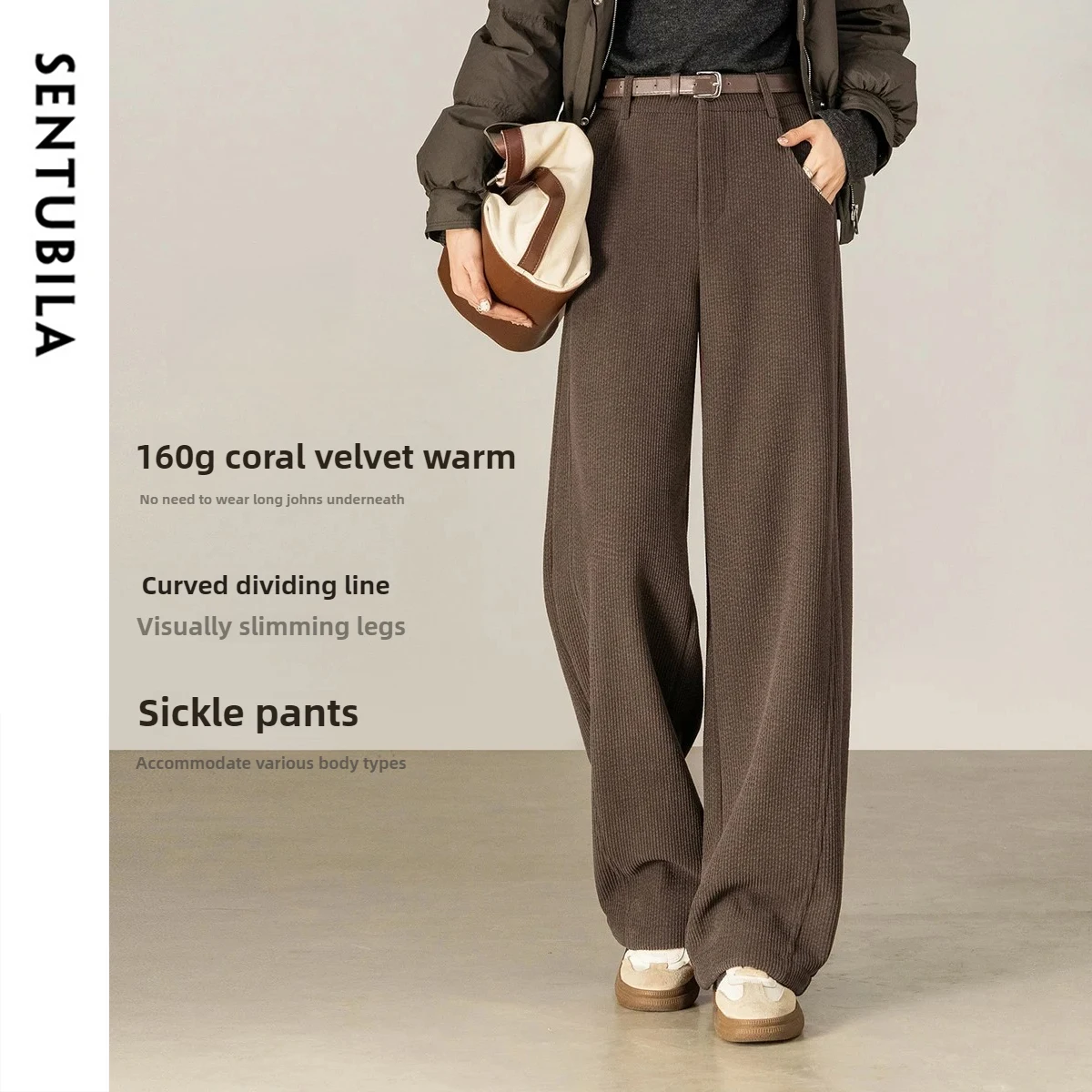 SENTUBILA Women's Coral Fleece Pants 2026 Winter Loose O-shape Segmentation Line Trousers Slim Casual Simple Bottoms 154KN2819