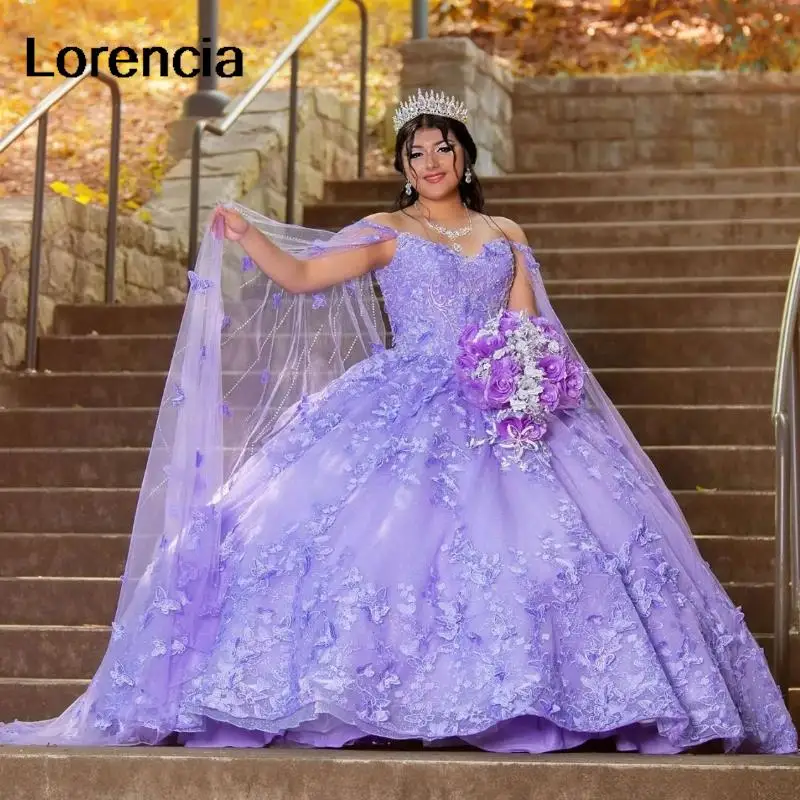 Lorencia 2024 Lavender Princess Quinceanera Dress Applique Lace Butterfly Bow Beads With Cape Corset Vestidos De 15 Años YQD618