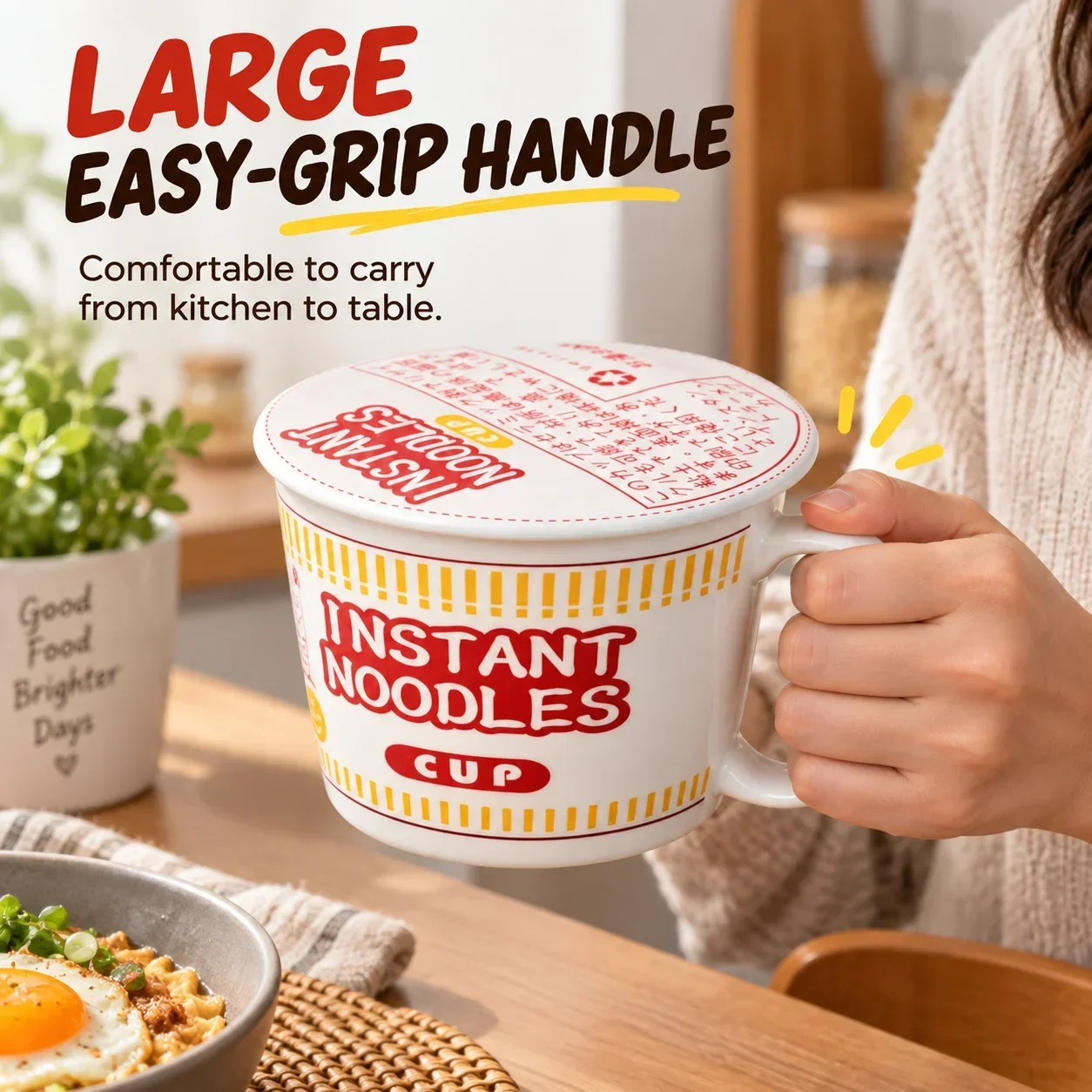 1000ML Japanese Ceramic Ramen Bowl with Lid and Handle, Large Instant Noodle Cup for Soup Rice Pasta Home Kitchen Tableware Mug