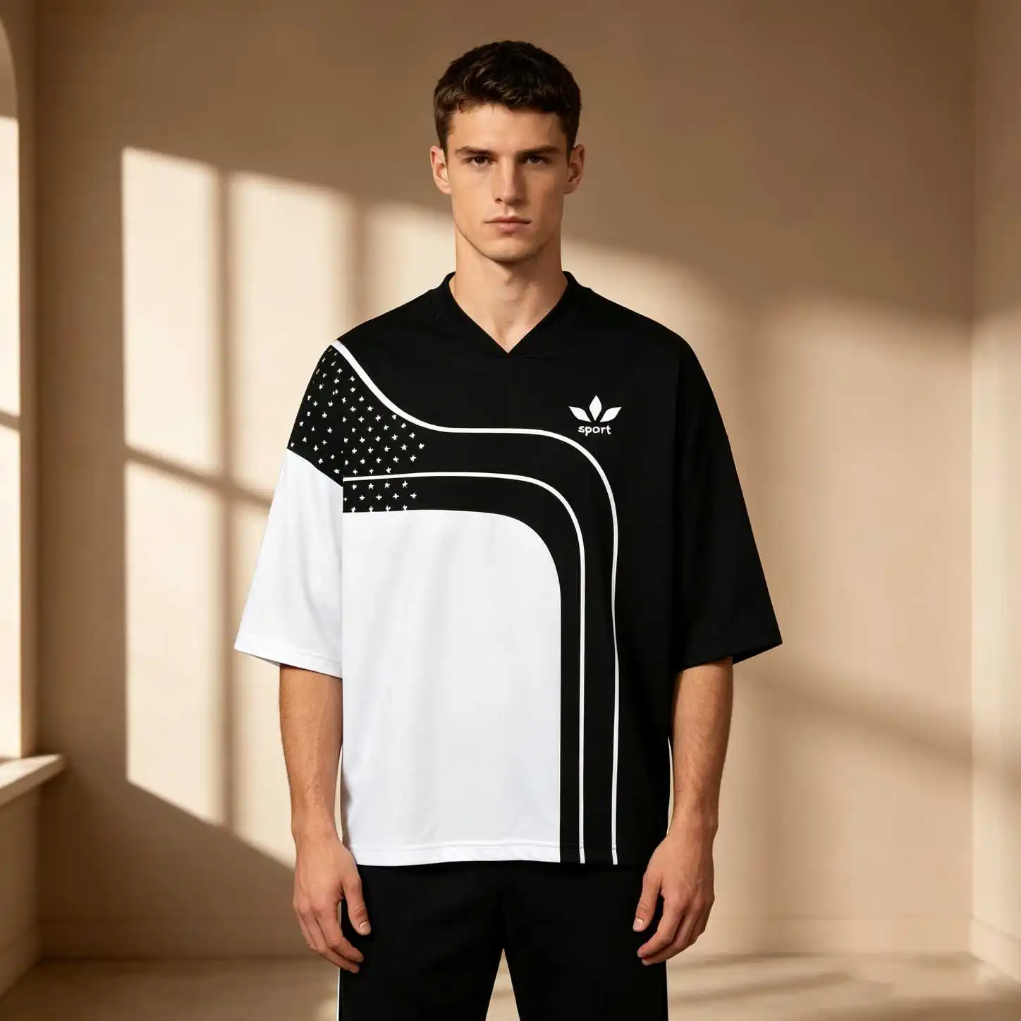 Summer Sporty Men Black White Color Block Logo Print Oversize V Neck Elbow Sleeve Tee, Casual Streetwear Loose Tops