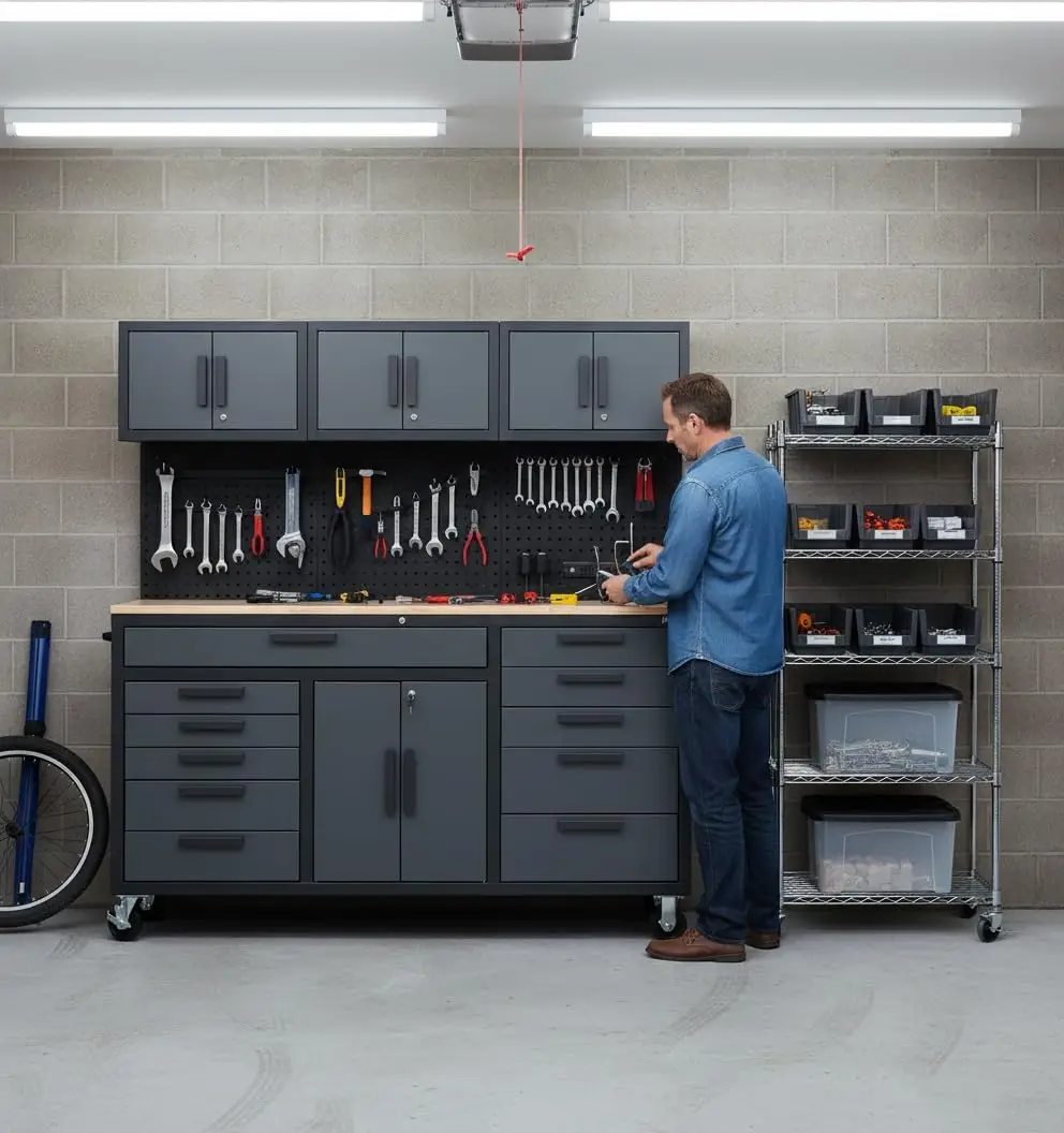 72in Rolling Tool Chest Cabinet Mobile Garage Workbench Heavy-Duty Tool Cabinet on Wheels with 11 Drawers, 2-Door Cabinet, 3 Top