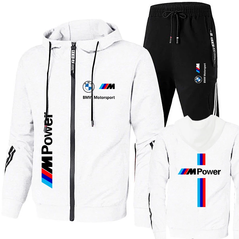 Men set Sweatshirt zipper Hoodies Car enthusiasts Male Fashion Autumn Winter motion Outwear+Pants 2 Piece BMW Brand Logo Printed