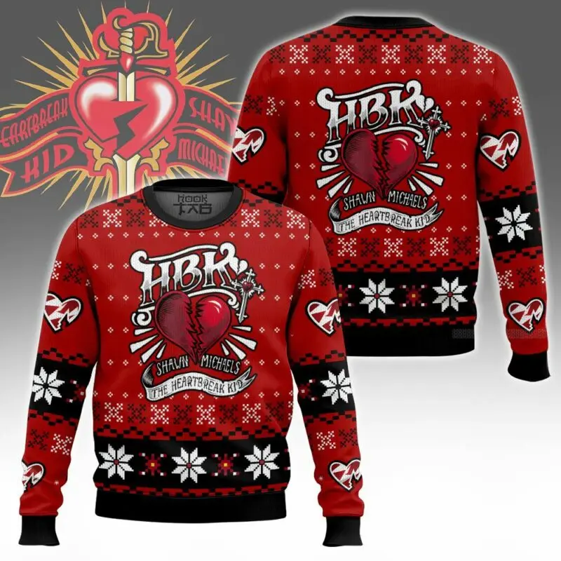 Atleta legendario Shawn Michaels suéter feo Heartbroken Kid Hbk rojo y negro estilo navideño lucha libre diversión festiva alrededor