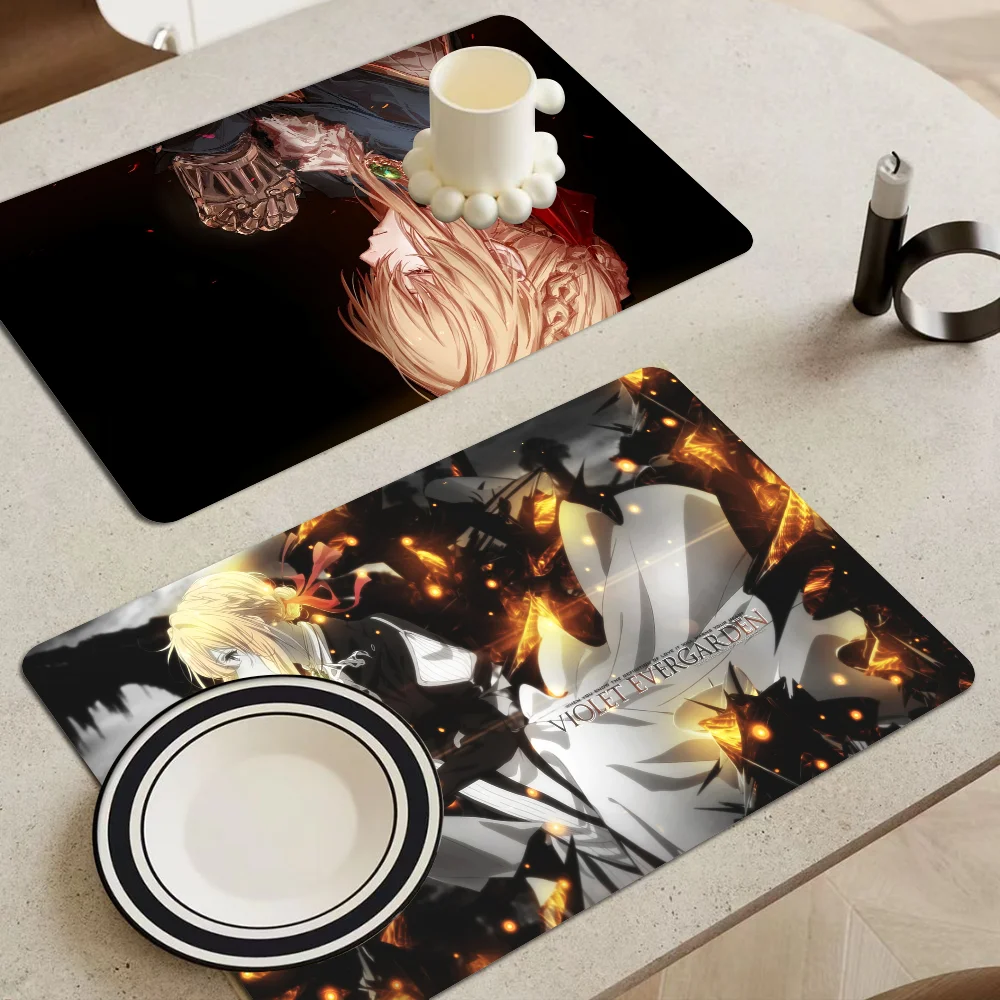 Violet Evergarden Coffee Tablewear Drain Pad Bathroom Square Absorbing Anti-slip Dry Mat Kitchen Placemat Dishes Cup Pad