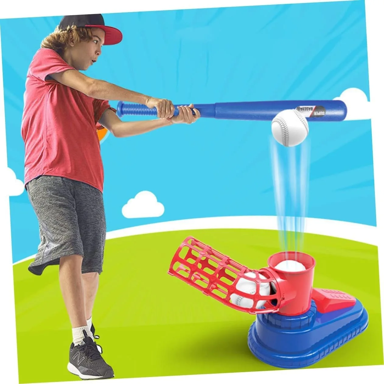 Automatic Baseball Launcher Toy for Kids, Foot Pedal Pitching Game Set with Baseball Bat & Balls, Indoor Outdoor Backyard Sport Toy, Fun Interactive Play, Great Festival Present for Children