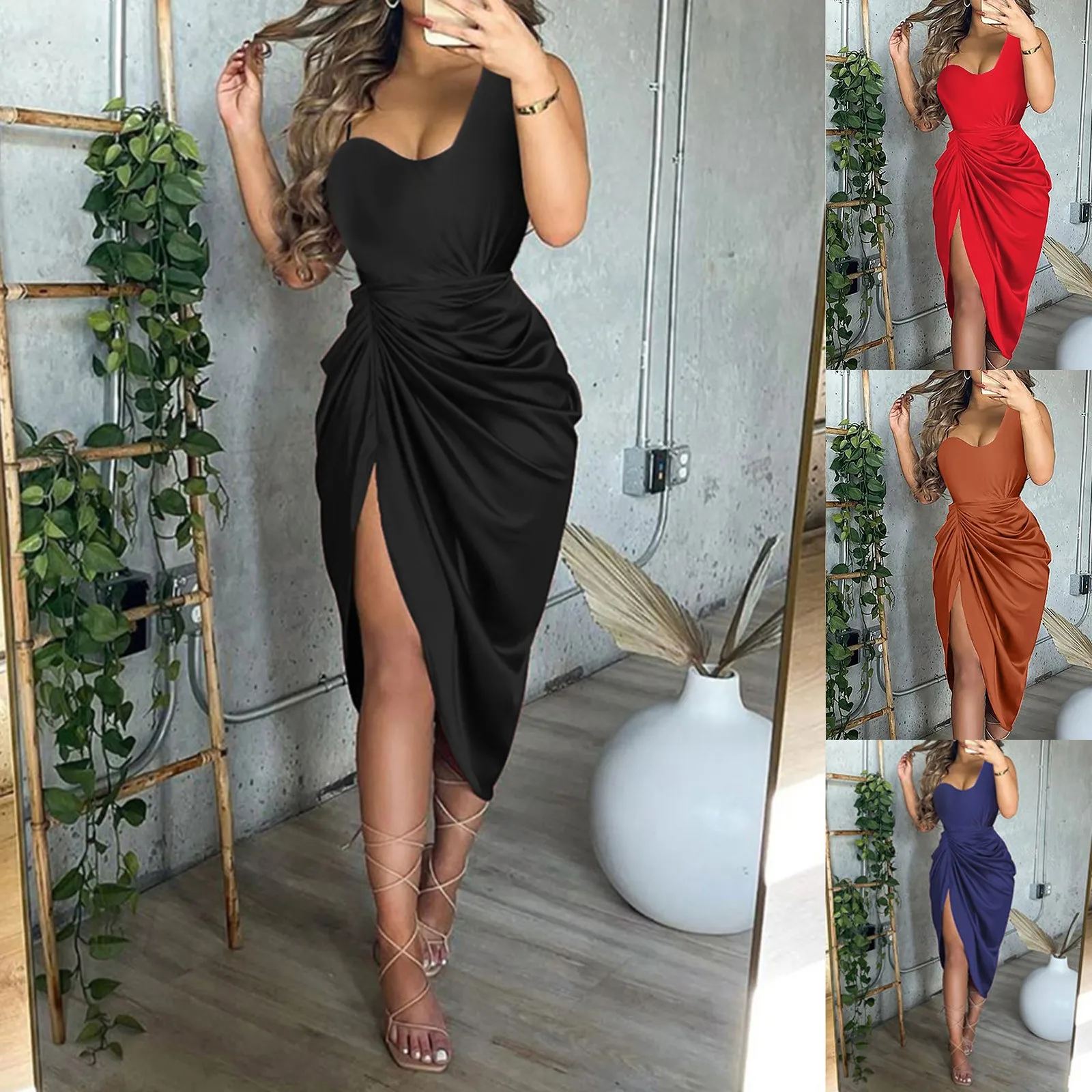 Women Sexy Dresses Summer 2024 Solid Color Sexy Slit Midi Smocked One Shoulder Evening Dress Luxury Elegant Dresses