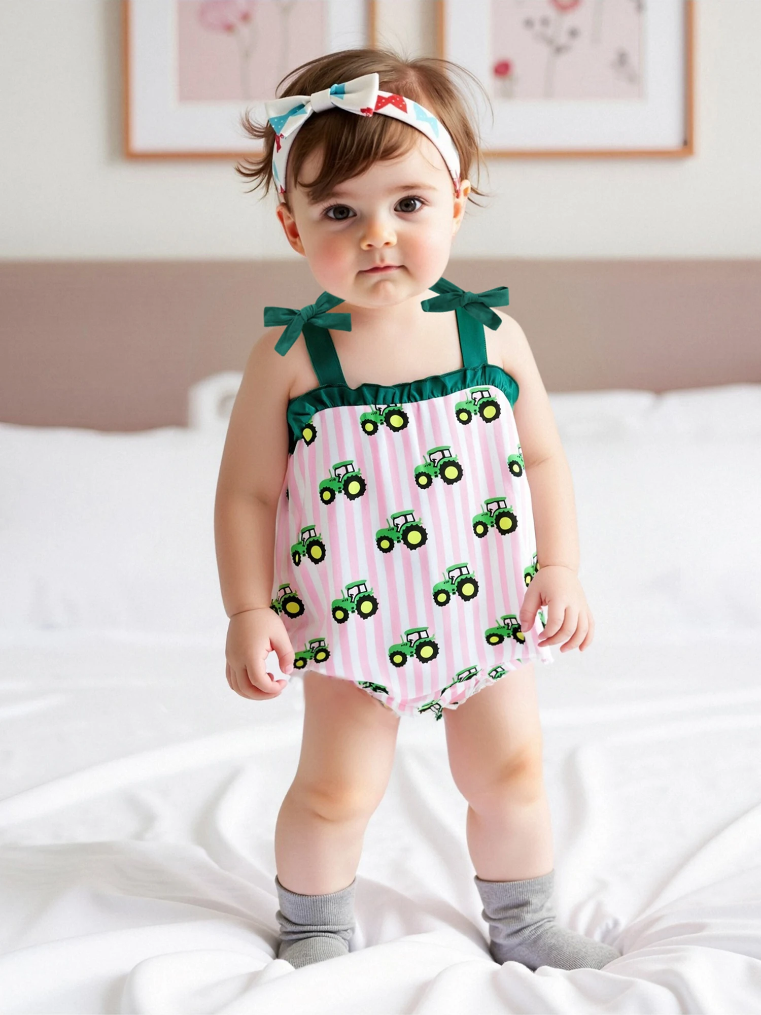 

Summer Toddler Baby Girls Overalls Romper Striped Tractor Print Jumpsuit Fashion Infant Newborn Clothes