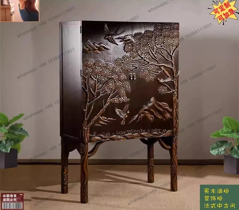 

Solid wood wine cabinet French retro dining side living room premium decorative cabinet side cabinet