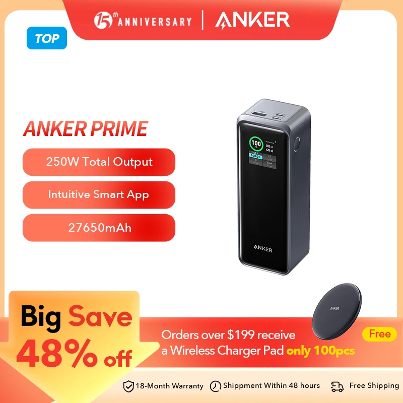 Anker Prime Power Bank 27650mAh 3-Port 250W Portable Charger (99.54Wh) Spare Battery Portable Power Bank Large Capacity