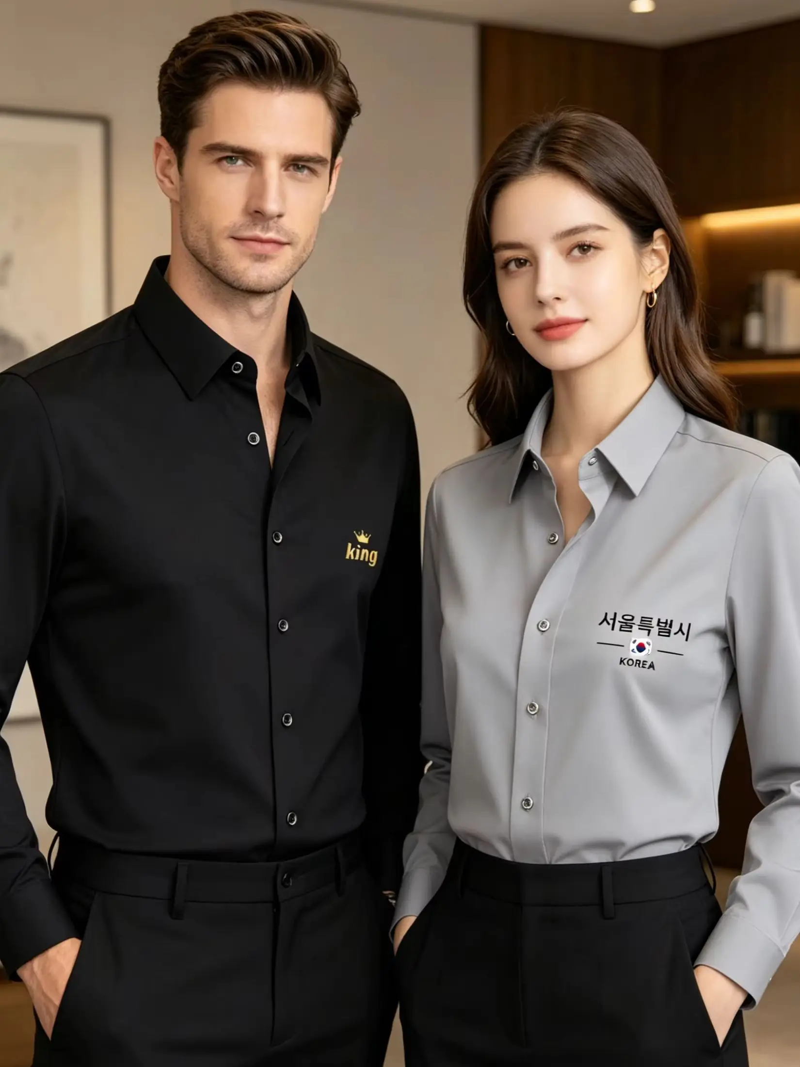 1PC Unisex Premium Business Casual Shirt with Logo Print Long Sleeve Slim Fit Wrinkle Resistant Formal Office Daily Shirt
