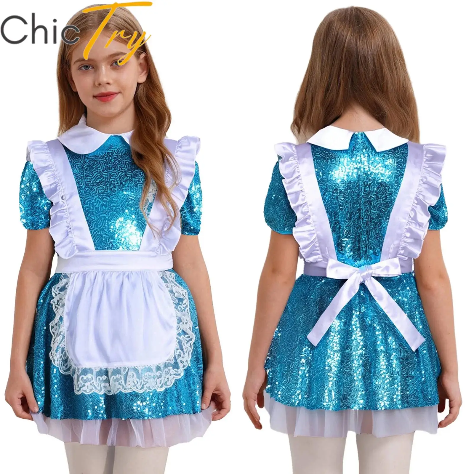 

Kids Girls Wonderland Princess Maid Costume Halloween Cosplay Dress Short Sleeve Puffy Skirt Lace Ruffled Half Apron Dress Up