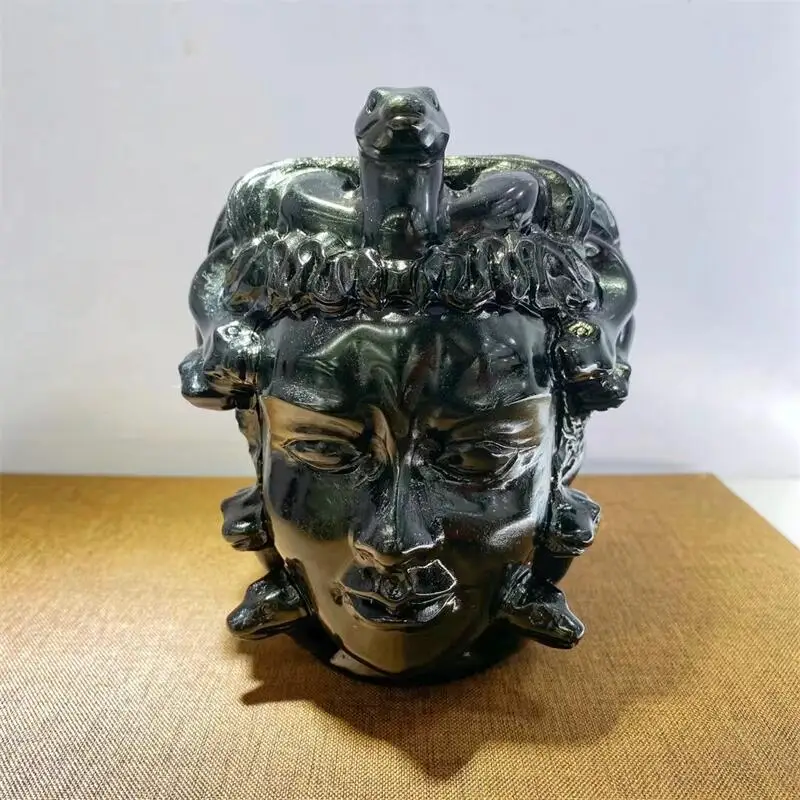 

13cm Natural Crystal Hand Black Obsidian Medusa Head Sculpture Healing Crafts For Decoration Gift