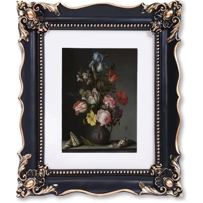 

8x10 Vintage Picture Frame with Embossed Flower Design, Black Ornate for or 5x7 Pictures White Mat, Hand-Crafted Resin Antiqu