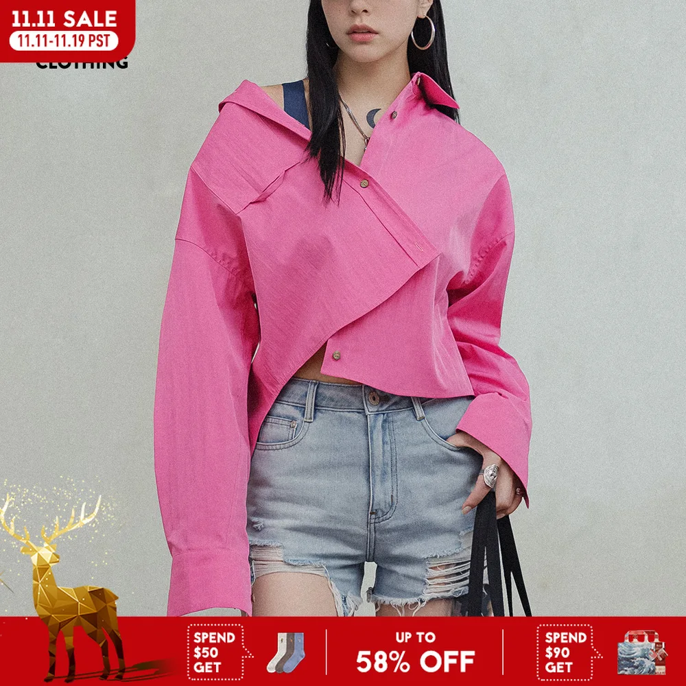 

Maden Pink Long-sleeved Shirts for Women Short-cut Design with Turn-down Collar 2024 New Autumn Women's Blouses Loose Shirt