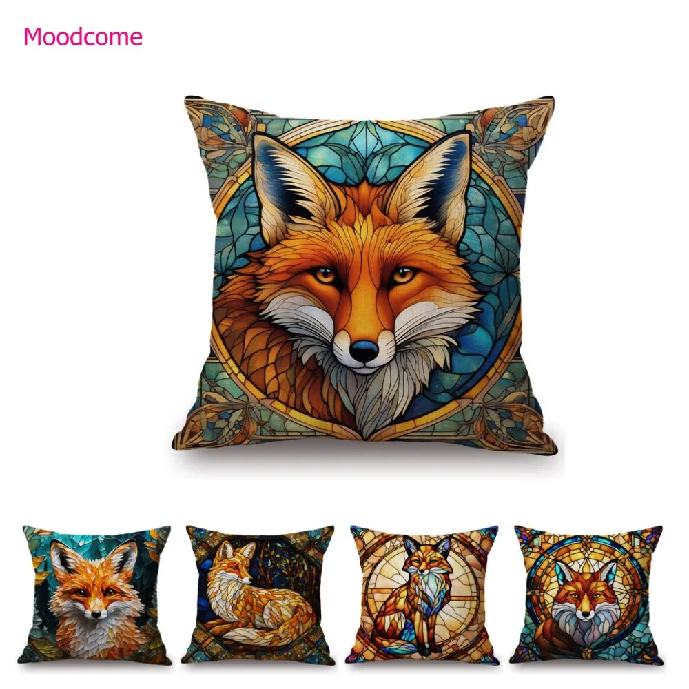 Mosaic Stained Glass Art Little Fox Cute Animal Cotton Linen Home Decorative Sofa Chair Pillow Case Lovely Car Cushion Cover