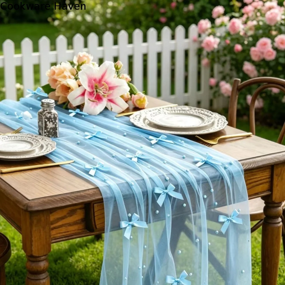 Romantic Bow Pearl Chiffon Runner Luxury Semi-Transparent Tulle Table Runner Polyester Decorative Gauze Tablecloth Party