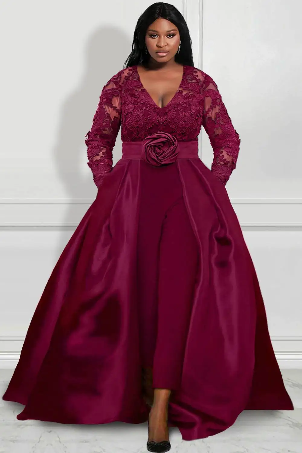 Donne Design Plus Size tuta formale bordeaux raso scollo a v pizzo manica lunga gonna Overlay tuta abiti para mujer