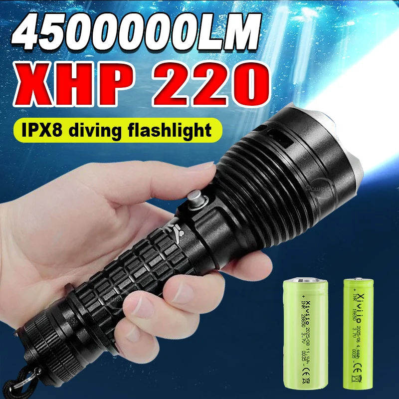 

Мощный подводный фонарь 4500000LM XHP220/XHP50, профессиональный подводный фонарь для дайвинга, водонепроницаемый фонарь для подводного плавания IPX8