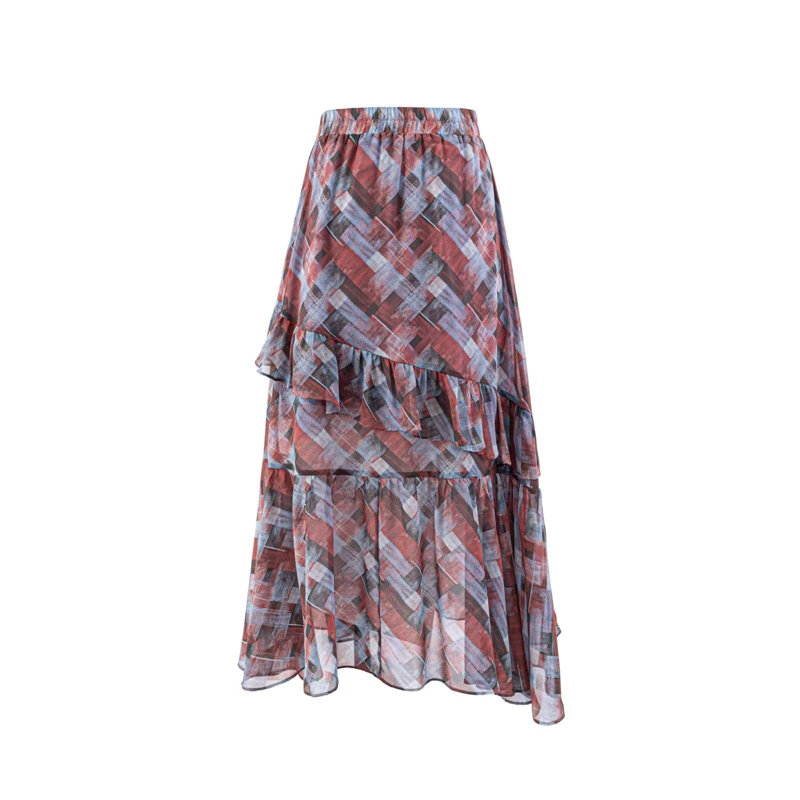 KEYANKETIAN 2026 Retro style Flowy Skirt High Waist Abstract Plaid Print, Tiered Design Chiffon Material A-Line Long Skirt