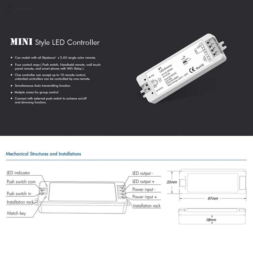 Única Cor LED Faixa de Escurecimento Kit, sem fio, 2.4G, RF Controle Remoto, Toque Interruptor Dimmer, 1 CH, 5V, 12V, 24V, 36V, 4 Zone