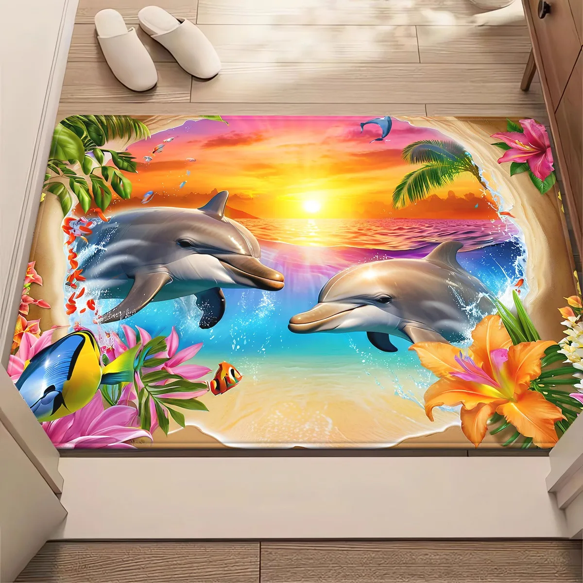 Romantic Dolphin Bath Mat Pink Rose Flower Floor Mat Non Slip Bathroom Rug Soft Carpet Welcome Mats Front Door Home Decor