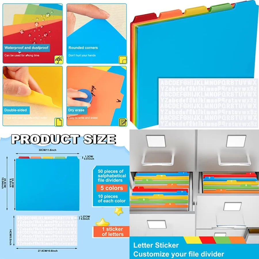 

51 Pcs Top Tab File Guides Alphabetic File Dividers Alphabet Sticker a-z 1/5 Tab Dividers for Office Business Classroom Product