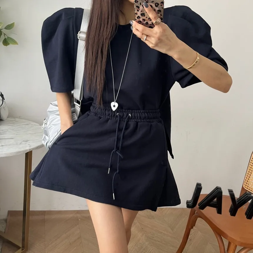 Été Chic Vintage Simple fente latérale bulle Sve haut taille haute Anti-lumière a-ligne Jupe Ensemble femmes Faion Ensemble