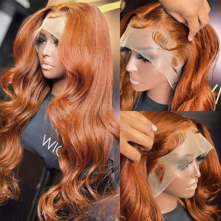 Wig Rambut Asli Dark Ginger Lace Front Model Body Wave Warna Oranye Ginger Brown Brazilian HD Lace Front Wig Rambut Asli Tanpa Lem 150 Density
