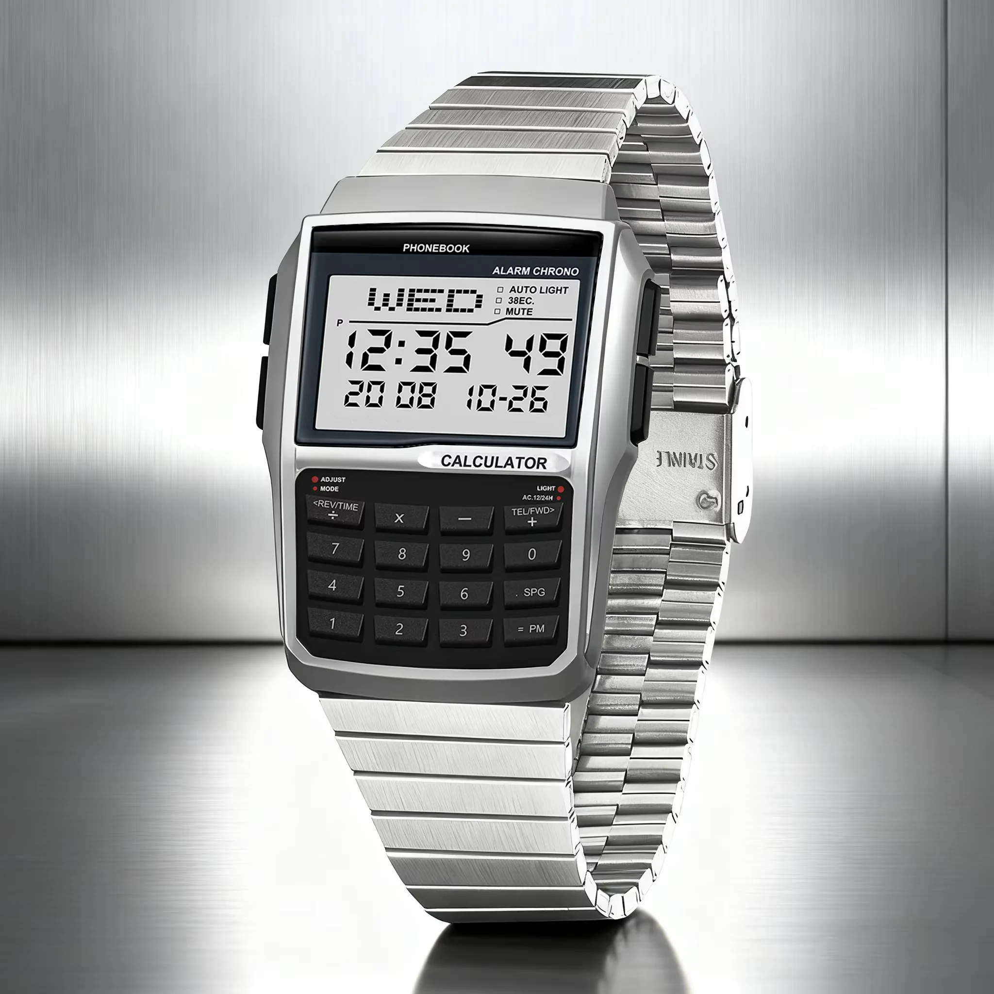 Reloj con banda de acero inoxidable para hombre, reloj con calculadora multifunción, reloj LED, estilo ordenador, caja de regalo de lujo superior