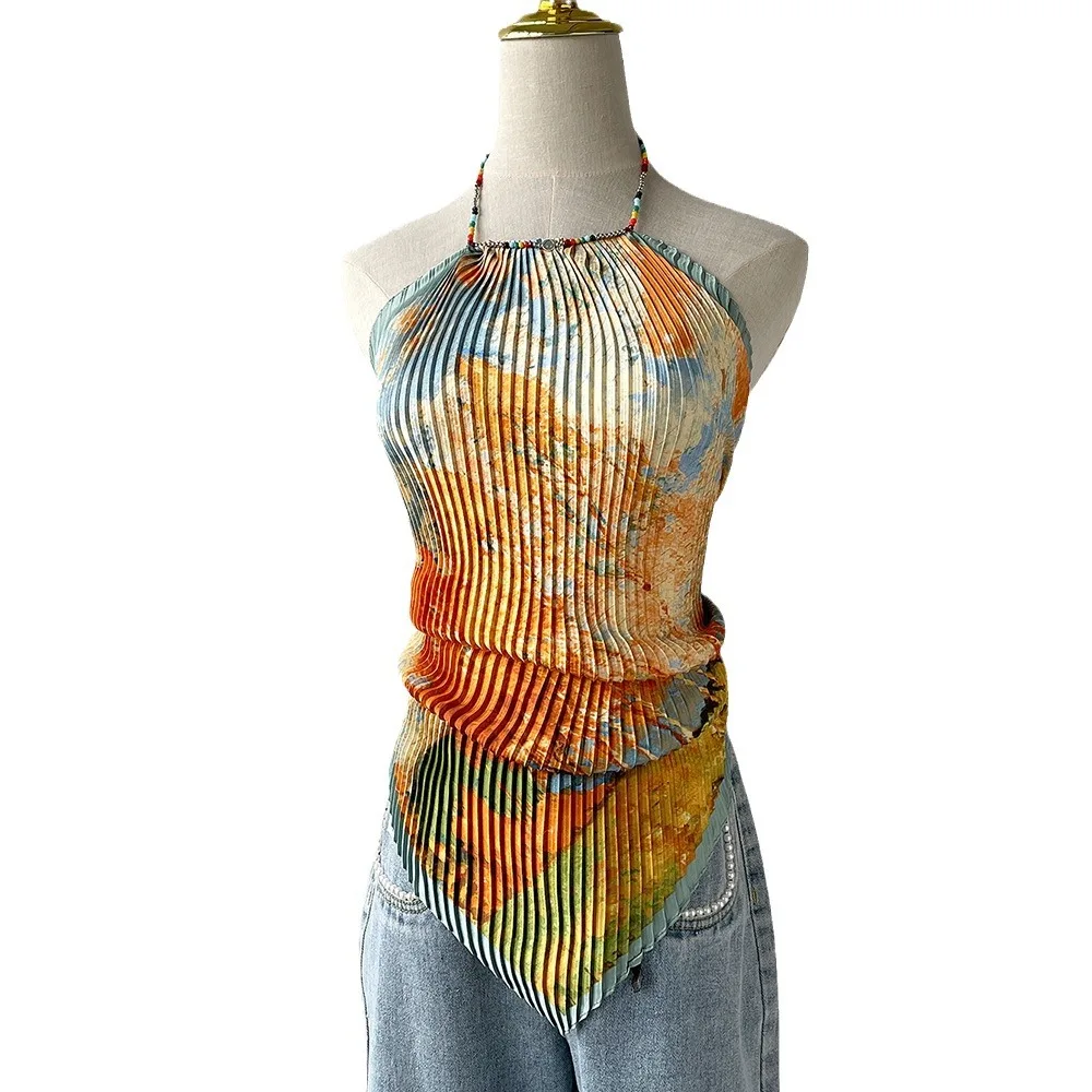 

Oil painting top for women in summer new style of seaside vacation hot girl halter neck sling vest short style