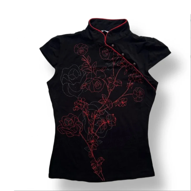 Alt Chinese Trend Cropped Cheongsam Blouse, Red Line Floral Rhinestone Print Contrast Red Piping Oblique Slim Cap Sleeve T Shirt