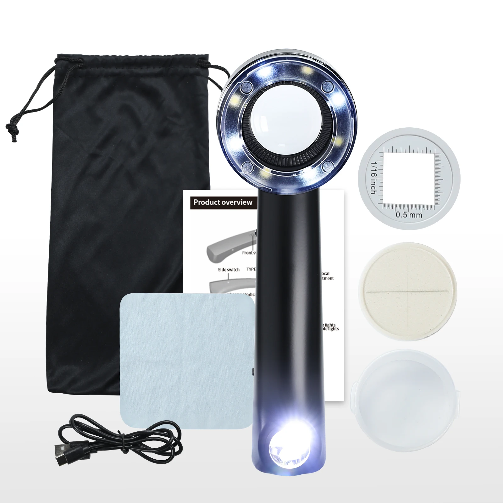 10X Magnifying Glass 30mm K9 Glass Lens Dual Light Emitting Diode and UV Gem Tool Rechargeable Magnifying Glass Removable Scale