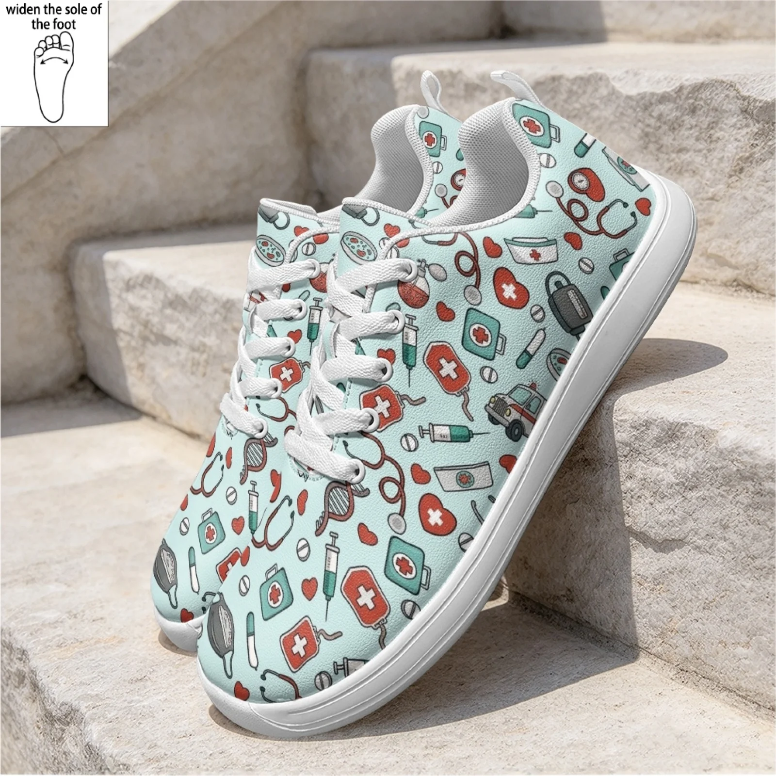 PENSTROLL Medical Elements Pattern Wide Width Nursing Shoes for Women Work PU Shift Work Shoes Flat Sole Walking Shoes