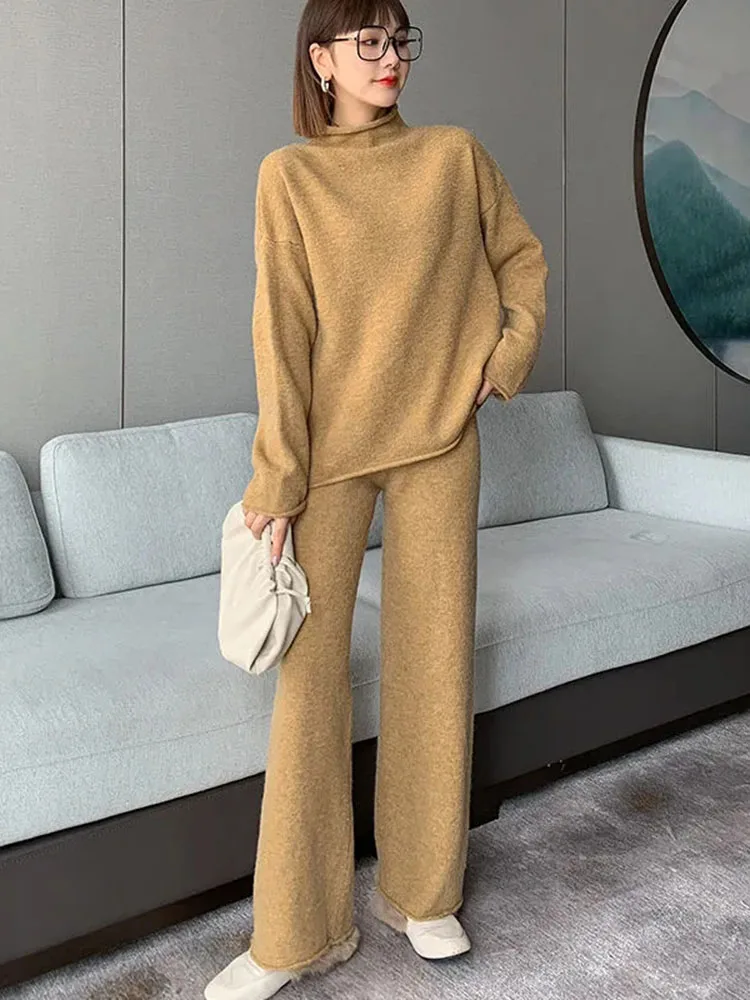 Spring Fall 2 Piece Sets Half High Collar Soft Pullovers Ensemble High Waist Wide Leg Pant Suits Knit Solid Color Conjuntos