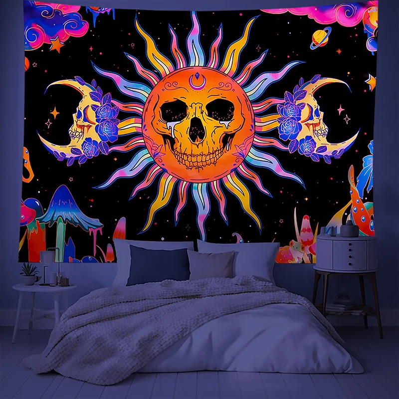 VIKAMA Blacklight Mystic Sun Moon Tapestry UV Reactive Skull Tree Of Life Moth Boho Witchy Wall Hanging Bedroom Dorm Decor