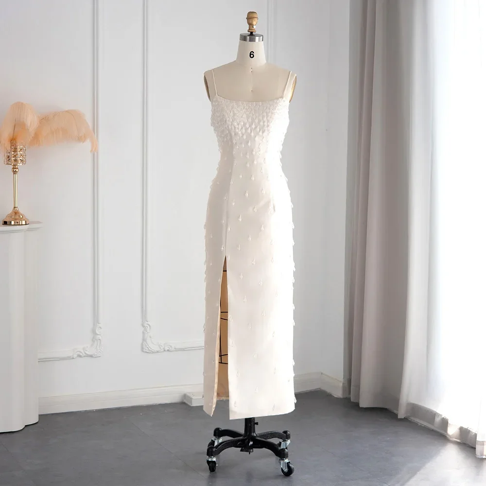 

Sharon Said Arab Luxury Crystal Navy Blue Evening Dress 2025 Spaghetti Straps Beige Wedding Party Midi Dress SS315 Customized