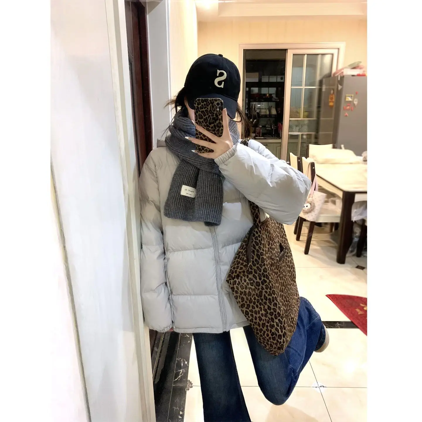 

Puffer Parka Yellow Detail Womens Distressed Appearance Worn Look Aged Finish Vintage Feel Retro Style Used Antiqued Decoration