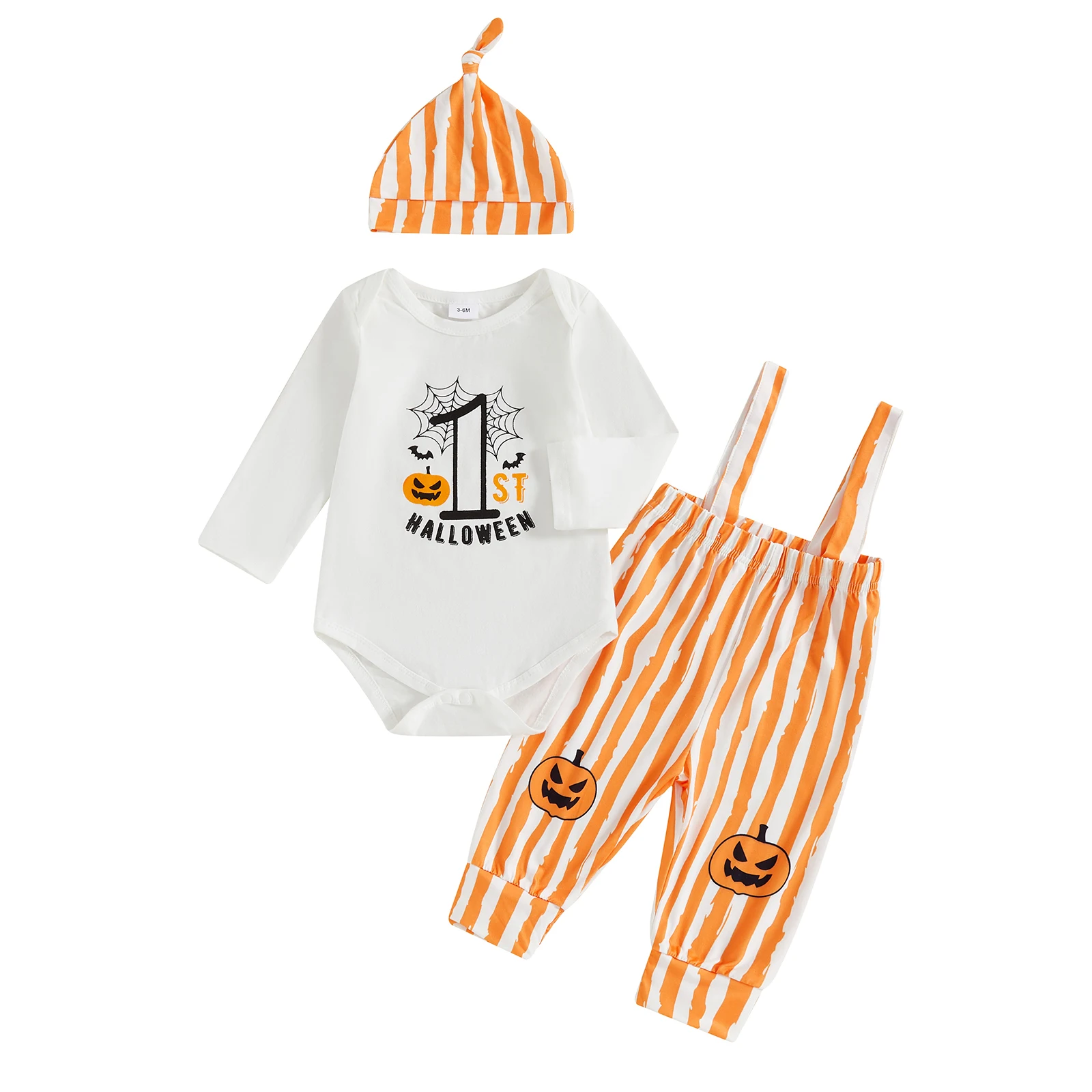 

Комплекты из 3 штанов для маленьких мальчиков на Хэллоуин, комбинезон с длинными рукавами и буквенным принтом тыквы, штаны на подтяжках, шляпа