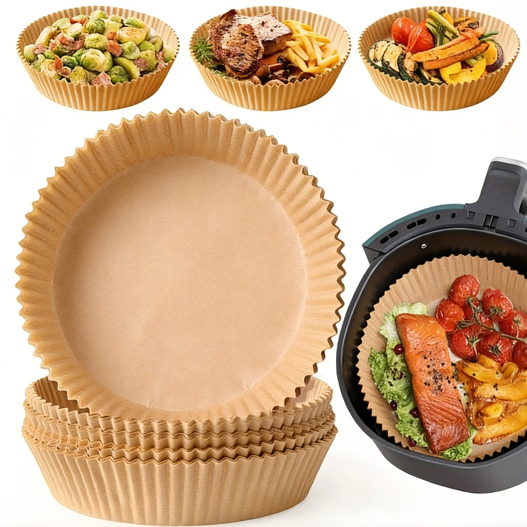 50pcs 8in Air Fryer Parchment Liners, Fit 5-8QT Fryer, Non-Stick Oil-Absorbing Paper for Fries/Meat
