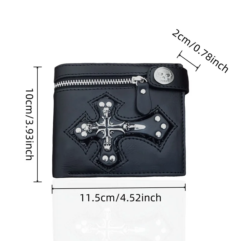 1Pcs Gothic Leather Wallet with Vintage Chain & Rivets Skull Cross Design Coin Purse Punk Rock Accessories