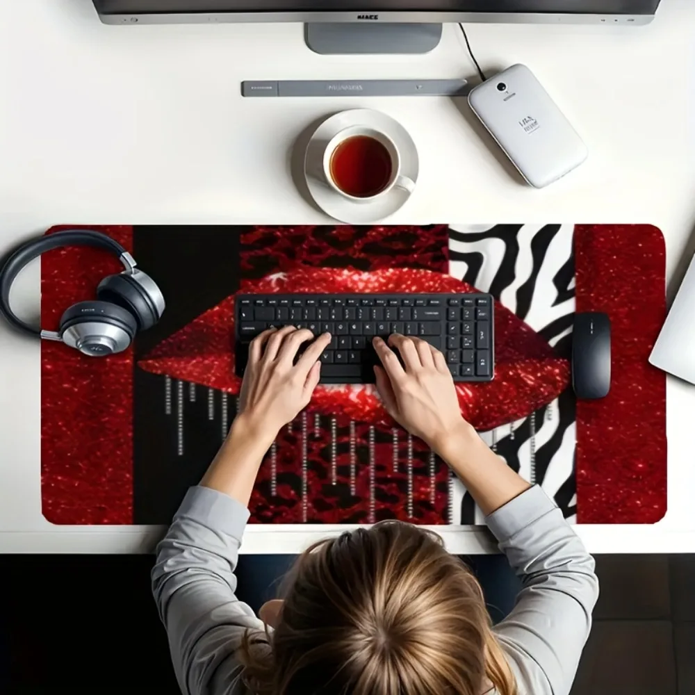 It features shiny red lips, leopard print and zebra print designs computer desk accessories cute mouse pad 팜레스트 장패드