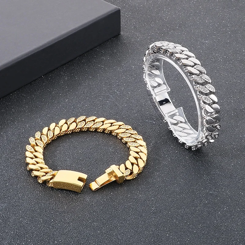 Kalen CNC Stone Cuban Chain Thick Bracelets for Men High Quality Shiny Stainless Steel Jewelry Trendy Accessories 12mm Gift
