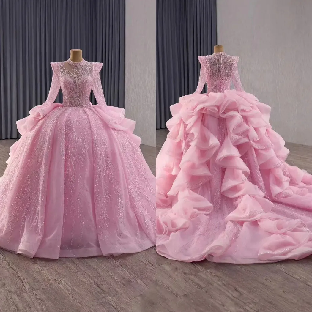 

Graceful Quinceanera Dresses High Collar Long Sleeves Ball Gowns Sequins Lace Detachable Train Dress For Party Custom Made