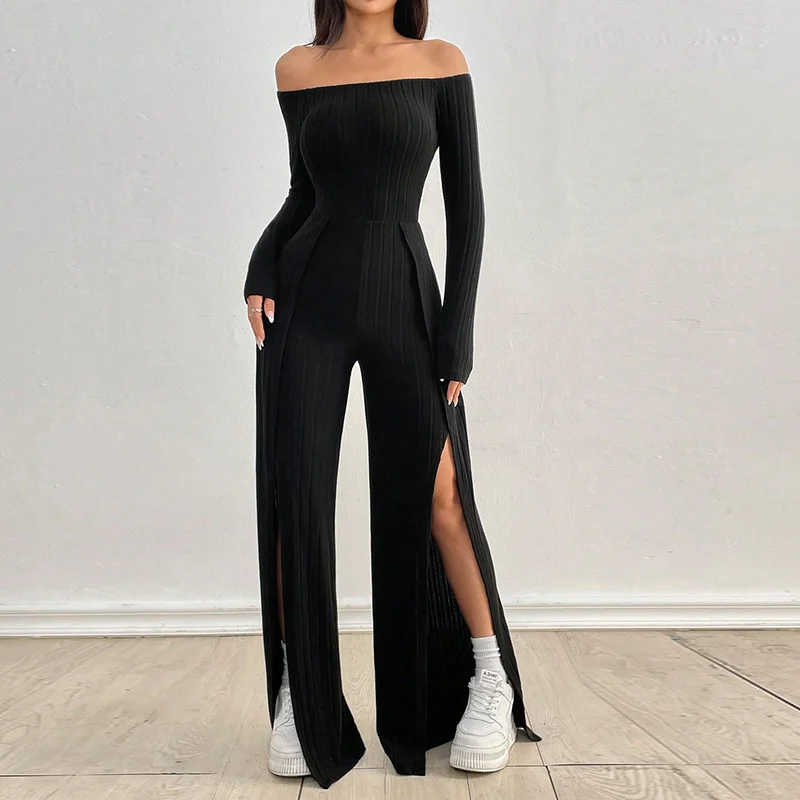 Women's Off Shoulder Ribbed Jumpsuit Long Sleeve High Split Wide Leg Slim Fit Elegant Party Streetwear Black One-Piece Romper