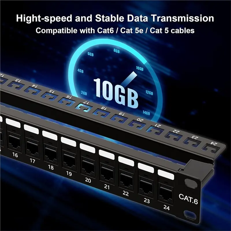 RJ45 24 Port 10Gbps Patch Panel, Cat6 UTP 19-Inch 1U With Back Bar, Through Coupler Compatible