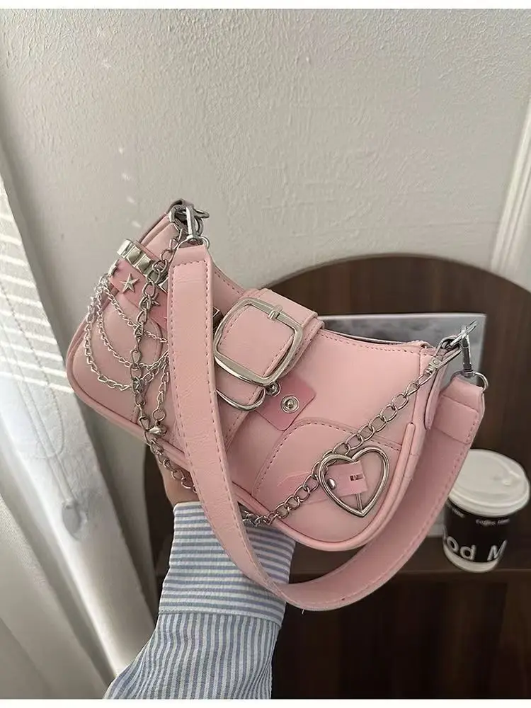 Y2K Süße Kühlen frauen Unterarm Tasche Heiße Mädchen Rosa Schulter Taschen Messenger Tasche Retro Design Weiblichen Kette Geldbörse Achselhöhle handtaschen – Detail 3